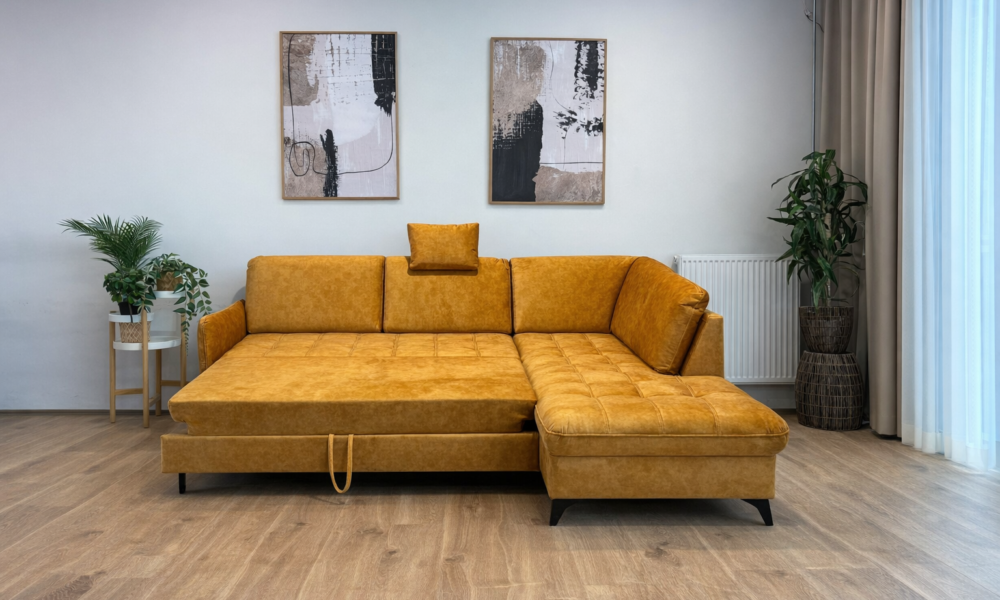 Kollane parempoolne diivanvoodi avatud voodimehhanismiga eest vaates