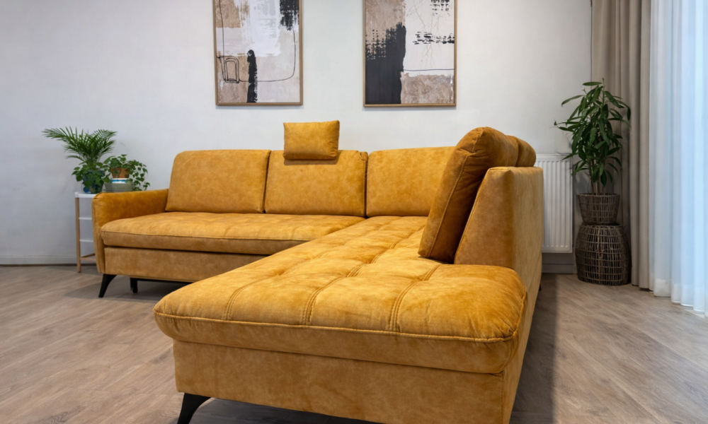 Kollane parempoolse nurgadiivanvoodi leboala diagonaalvaates