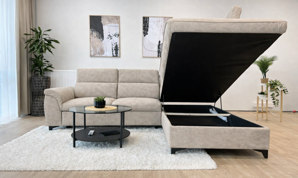 Diivanvoodi pesukastiga Montana beež, mahukas pesukast, liigutatavad peatoed, voodi